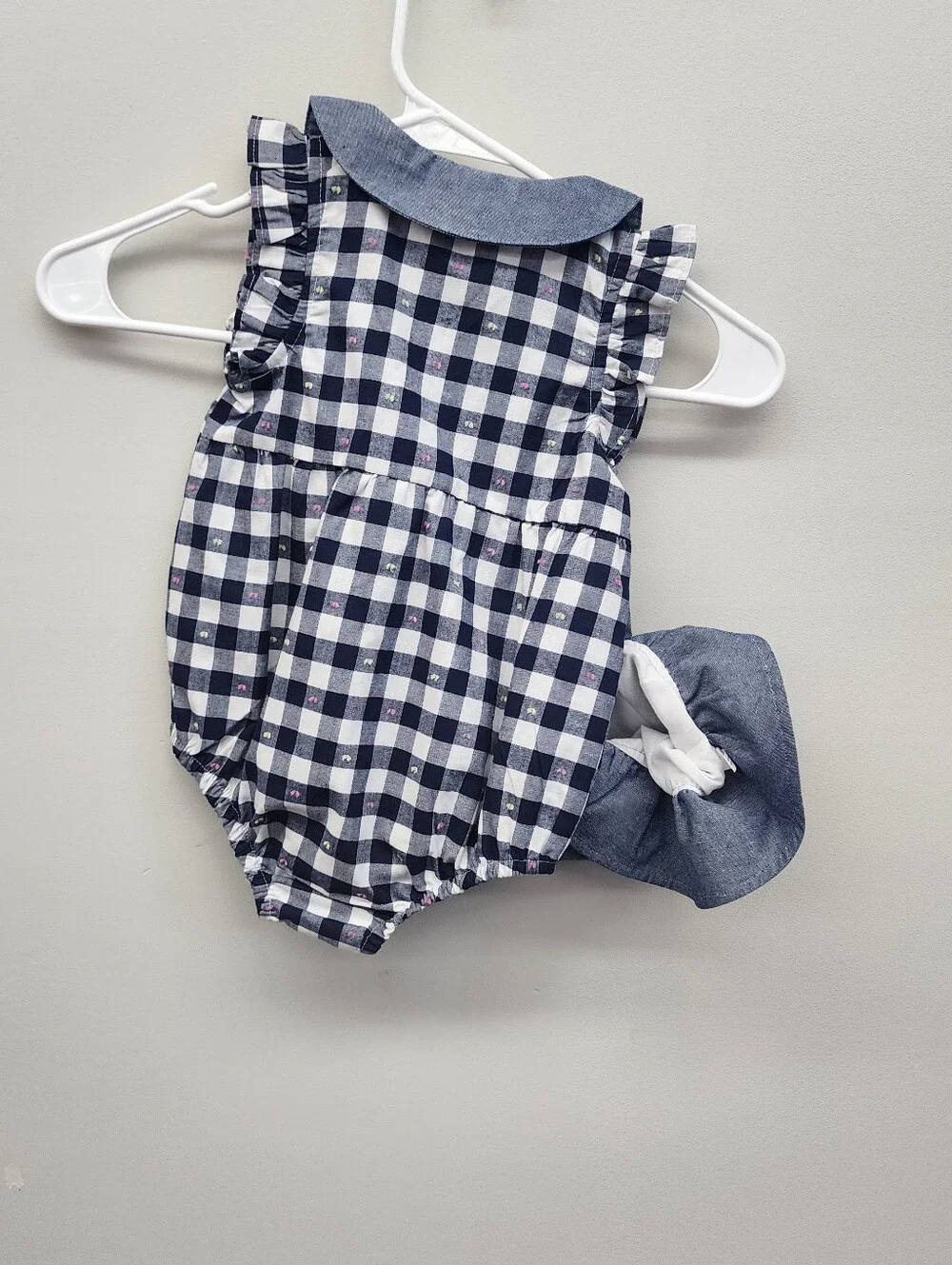 Penelope Mack 24M Gingham Bubble Romper + Matching Sun Hat